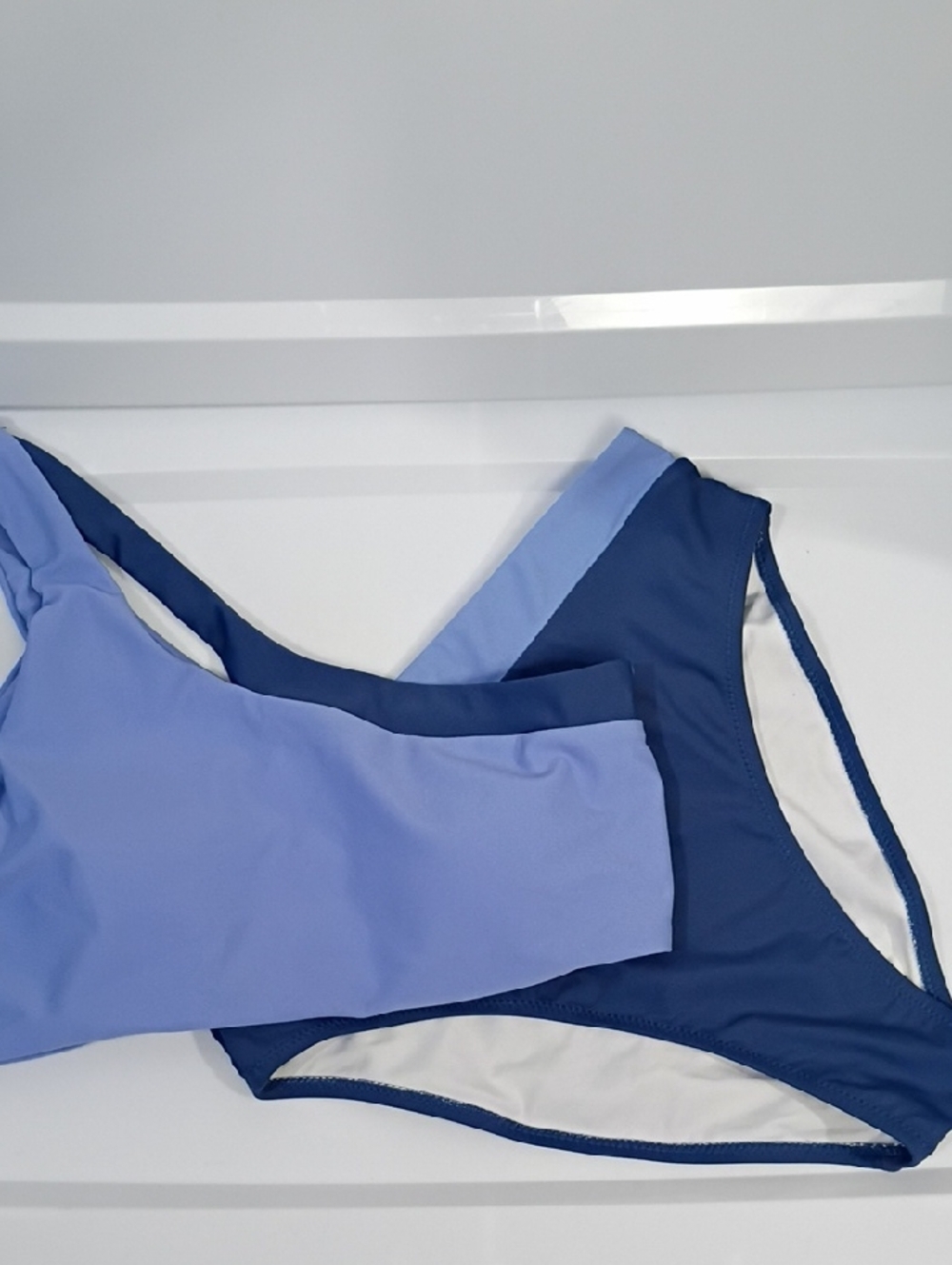 WOMEN'S BLUE COLOR-BLOCK CUT-OUT ONE SHOULDER HIGH WAIST BIKINI SET SIZE SMALL